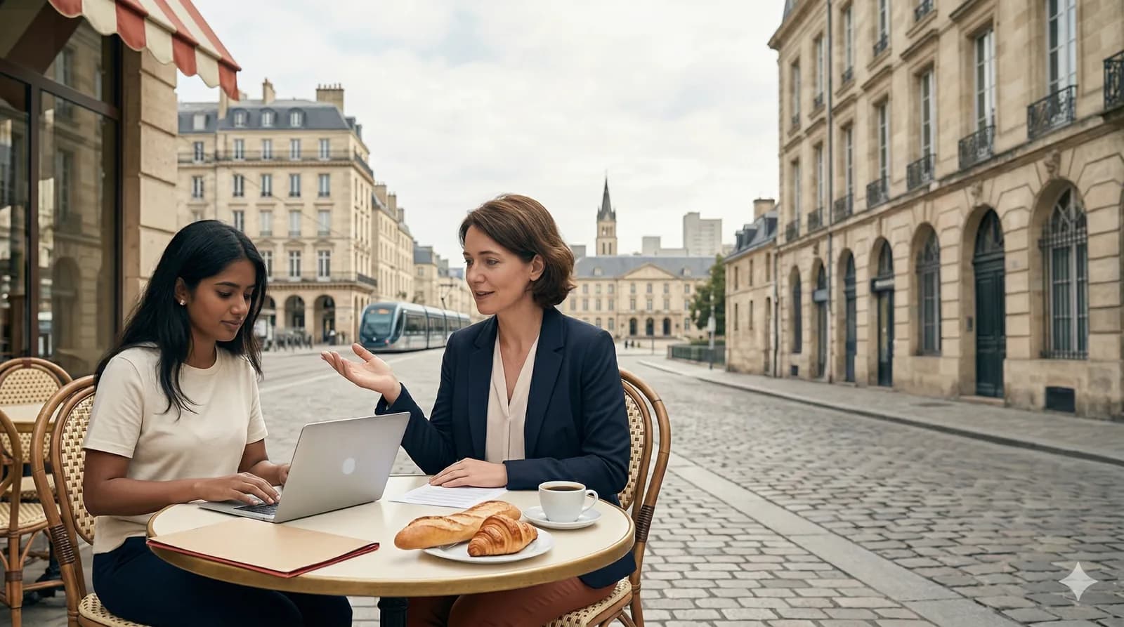 Advisor and student reviewing study plans together at a cafe in France