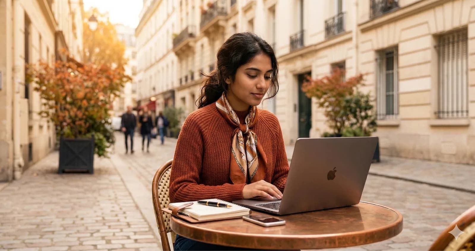 International student studying at an outdoor café in France