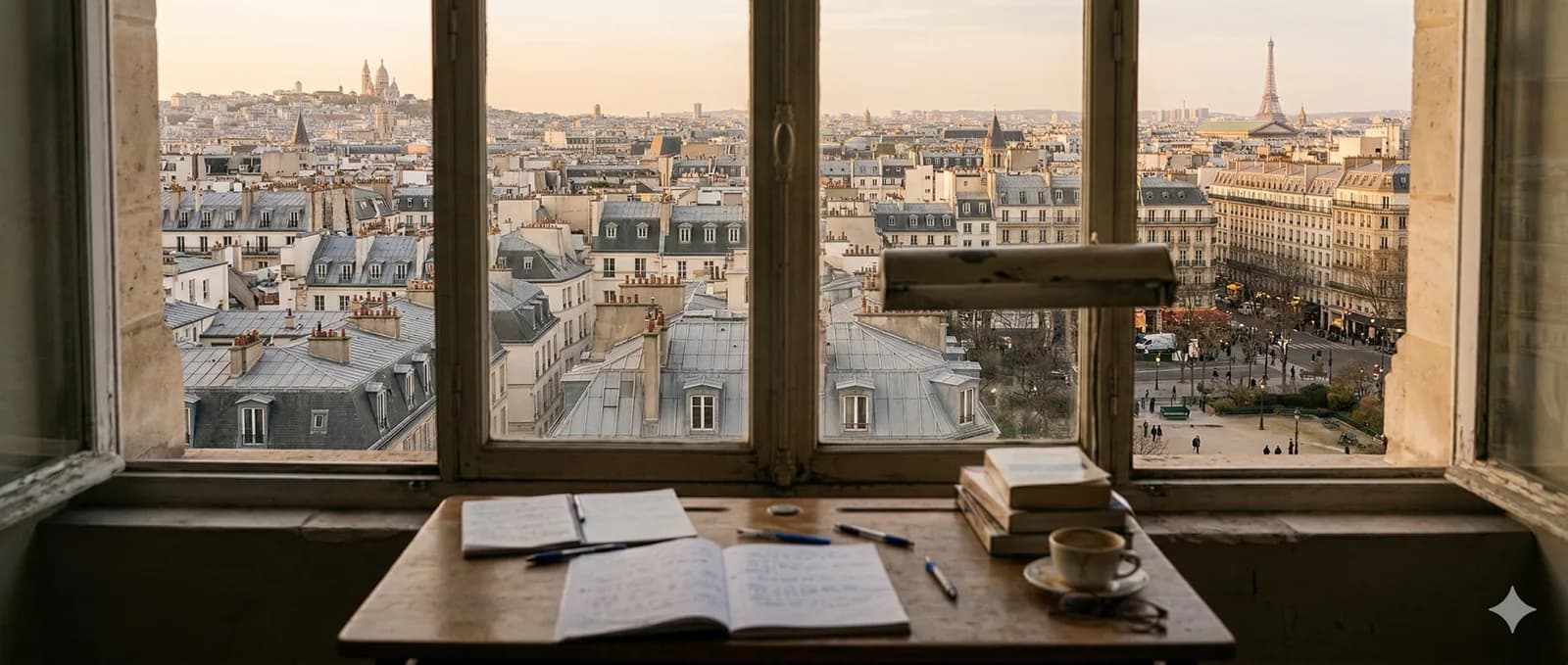 View across French rooftops at golden hour from a study desk