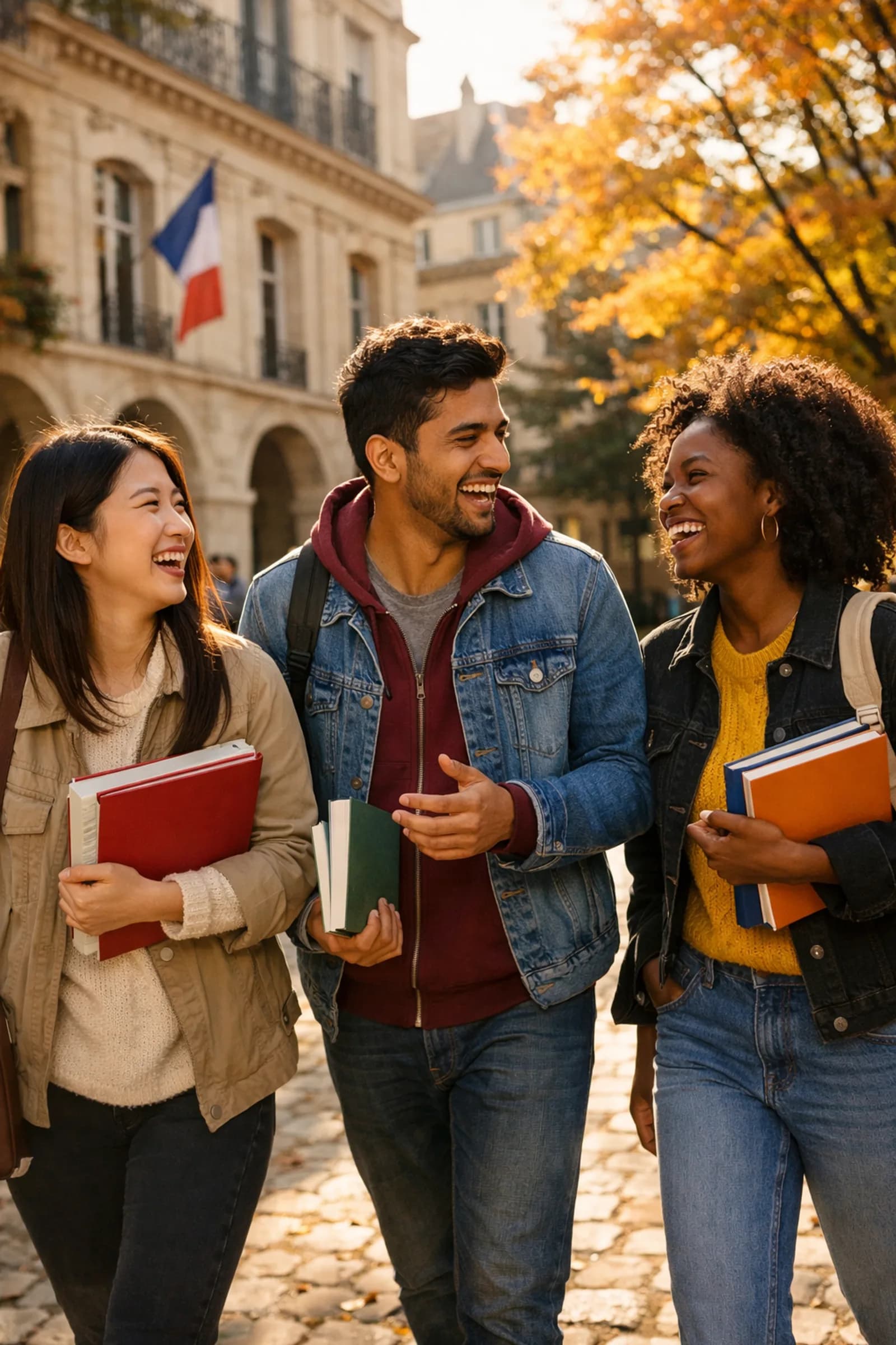 International students walking through a French university campus