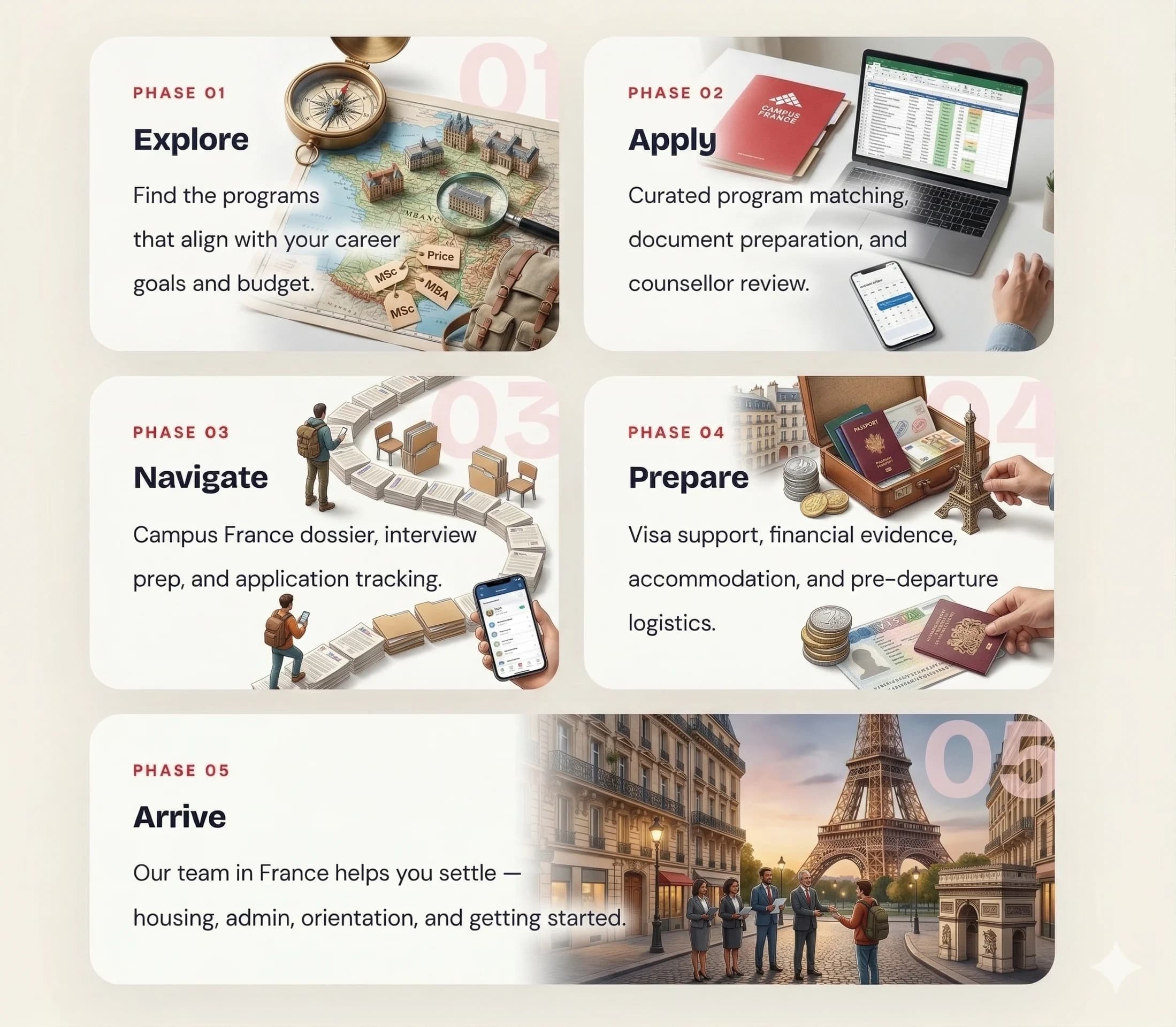 Five phases of the student journey: Explore, Apply, Navigate, Prepare, Arrive