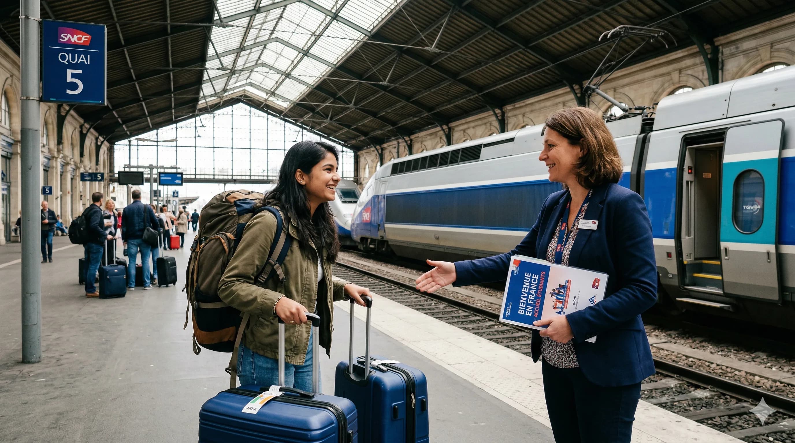 Counsellor greeting international student at a French train station
