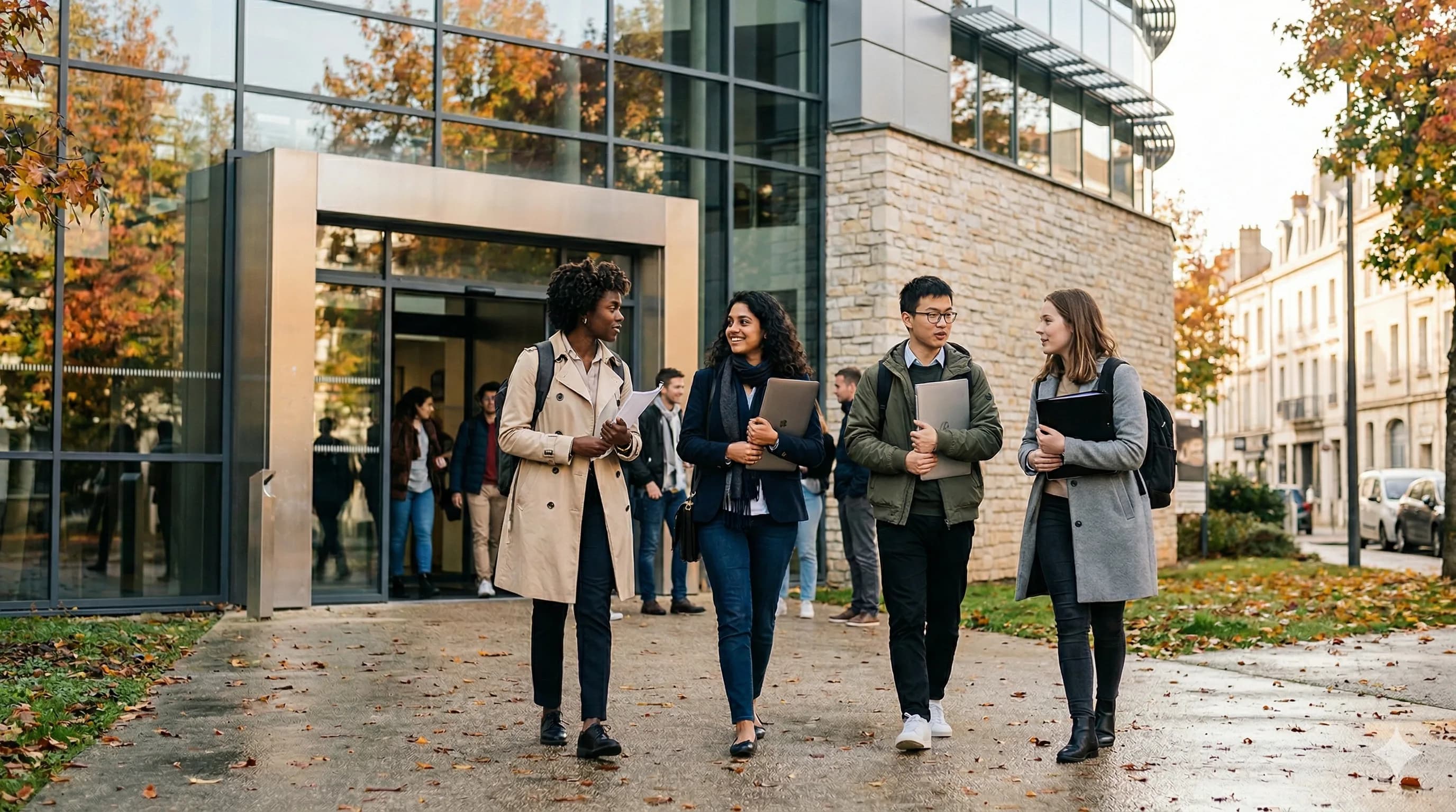 International students walking outside Burgundy School of Business campus in autumn