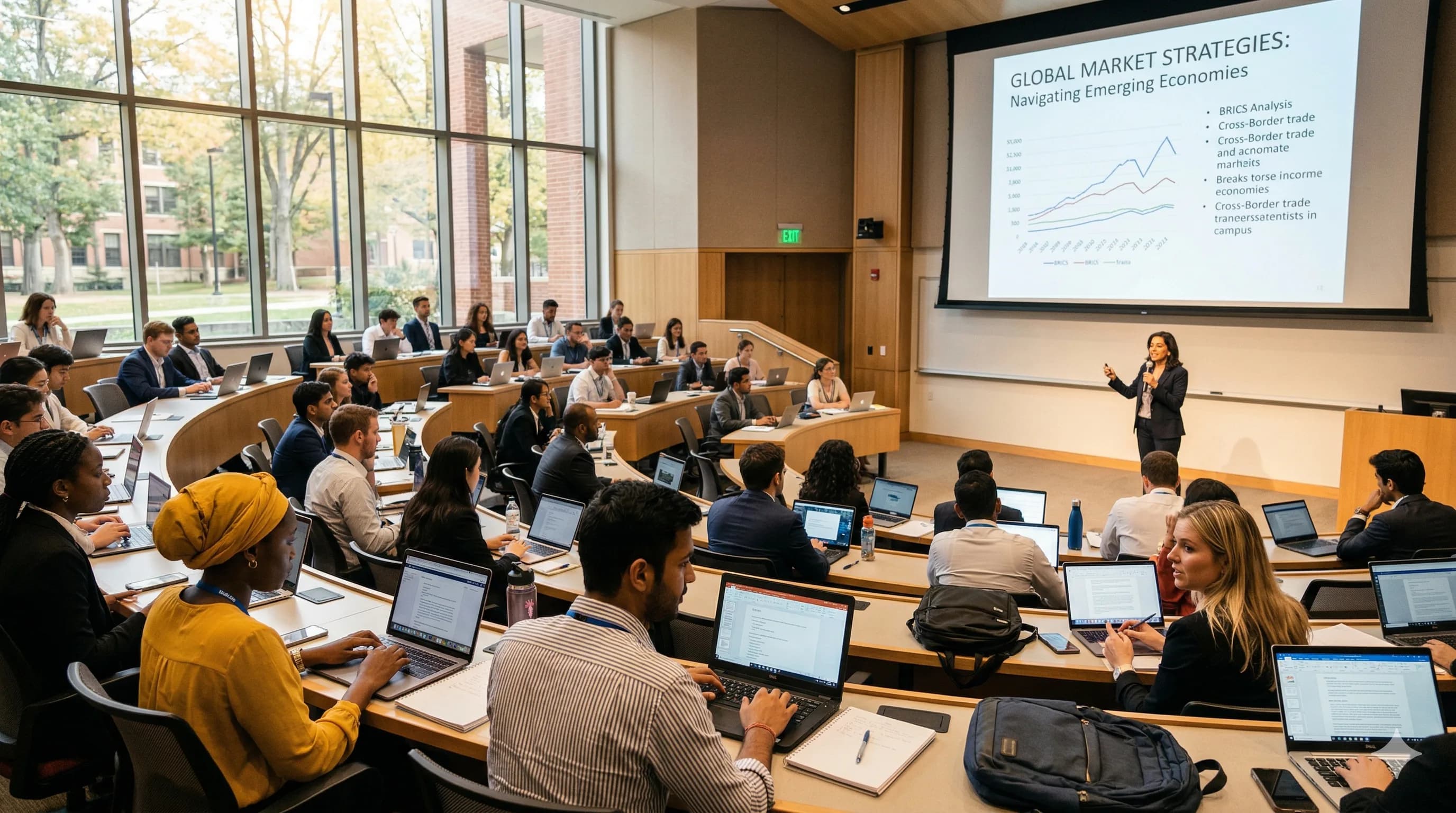 Diverse students in a BSB lecture hall with professor presenting on global market strategies