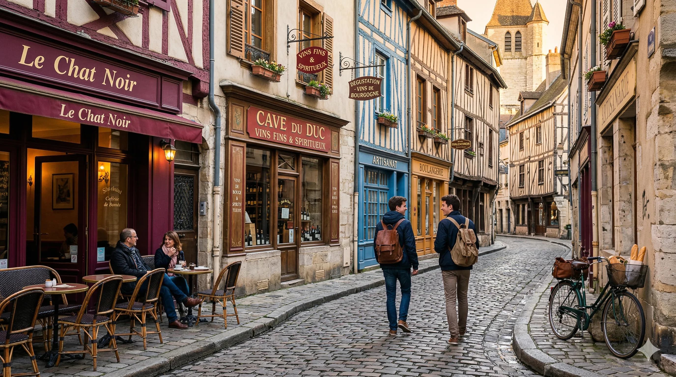 Charming cobblestone street in Dijon old town with cafes and students