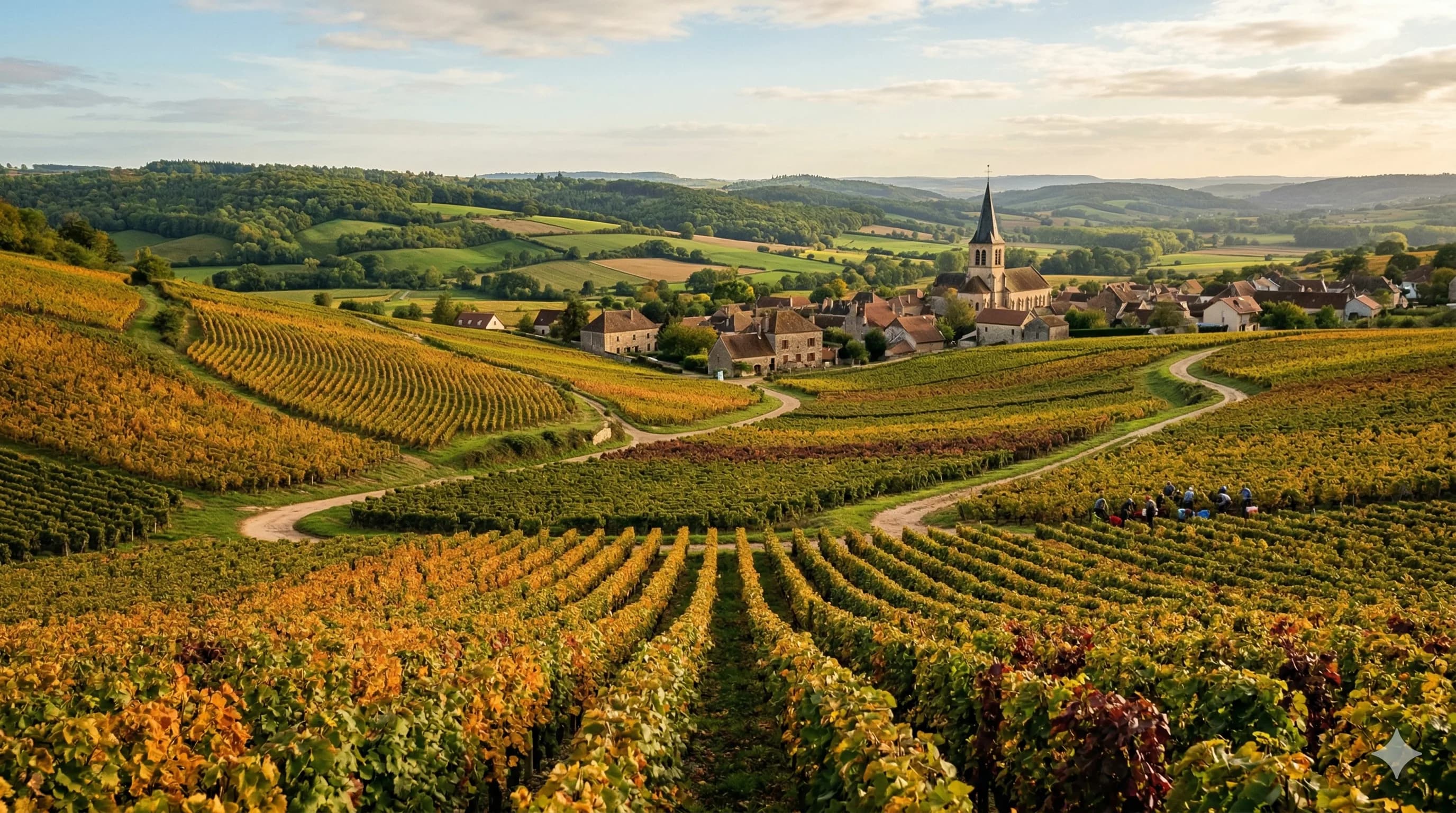 Burgundy vineyards in golden autumn light with village in the distance